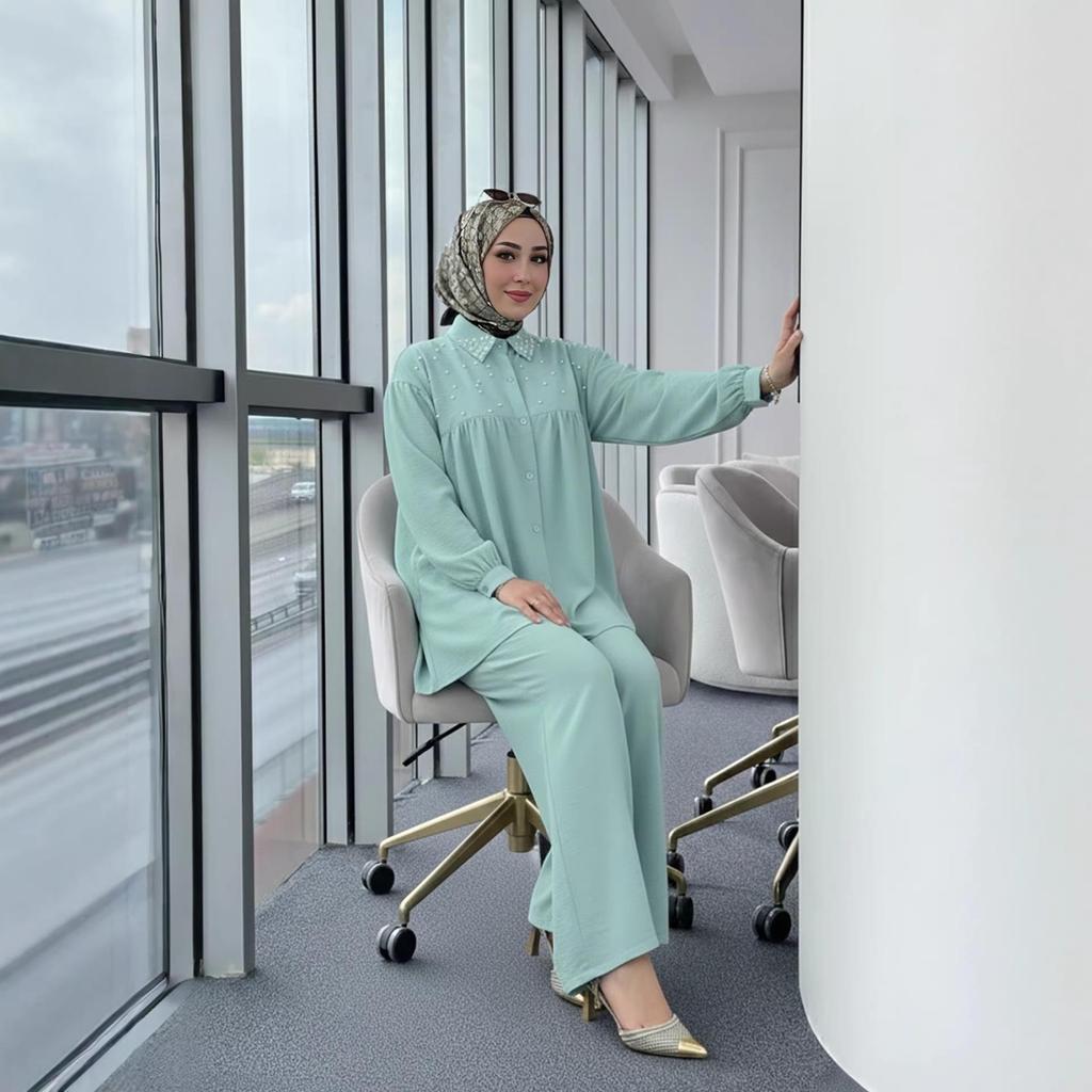 New Arrival: Beaded Long Sleeve Top & Wide Leg Pants Set - Muslim Women's Fashionable Casual Wear