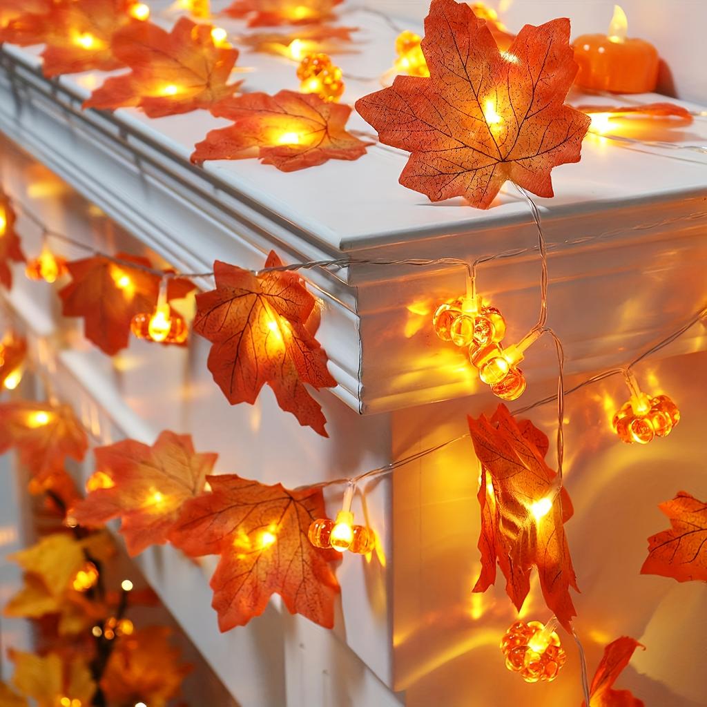 1 Pack LED Battery-powered 3D Illuminated Maple Leaf and Pumpkin Garland Lights, Warm White and Multicoloured Autumn Leaves