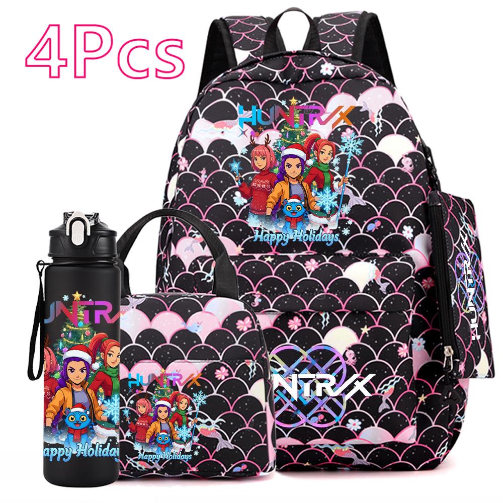 4Pcs/set Christmas Kpop Printed Backpack with Handbag Pencil Case 750Ml Water Bottler for Teenager Boy Girl Large Capacity Bookbag Schoolbag Kid Gift