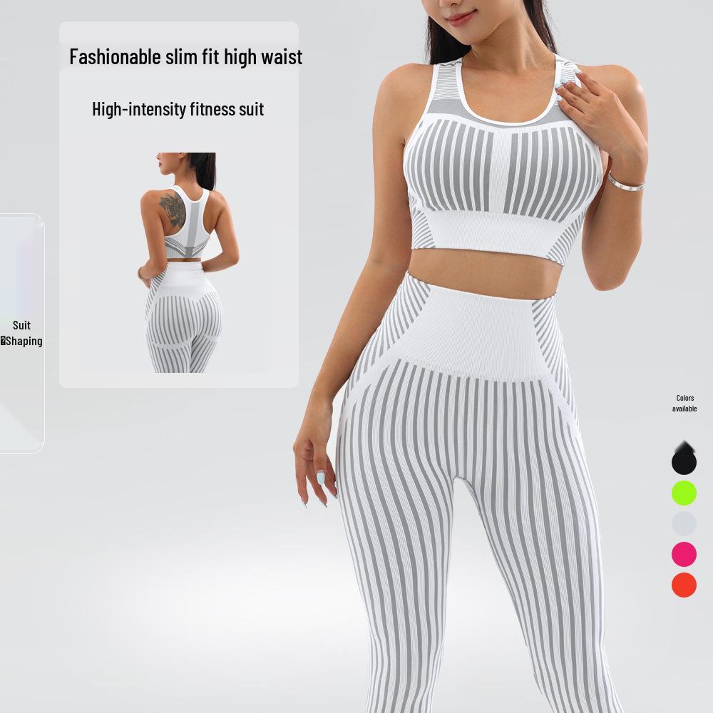 

Премиальный набор для йоги: Комплект для фитнеса из двух частей со спортивным бюстгальтером и полосатыми леггинсами с высокой посадкой Large