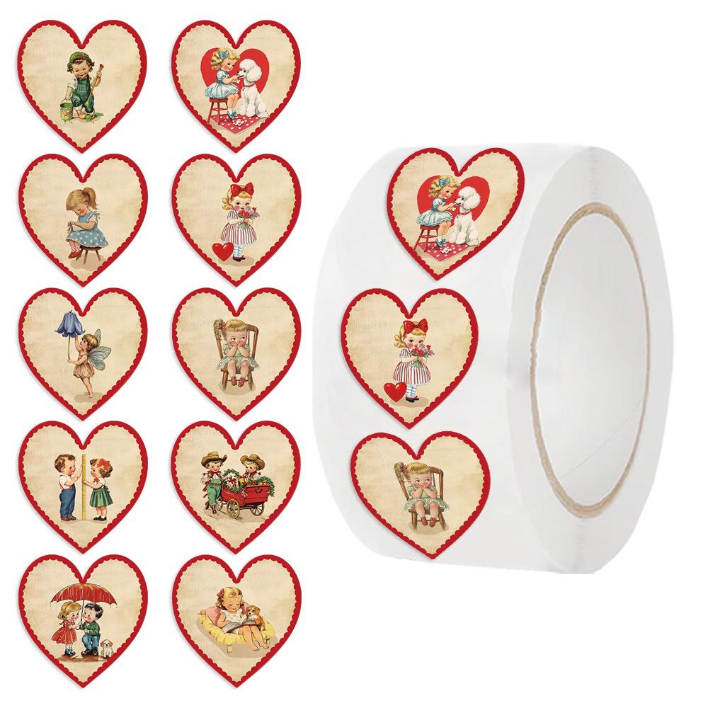 500 Pieces/roll Sticker Roll Sticker Cartoon Retro Love Creative Handbook Material Self-adhesive Seal Sticker