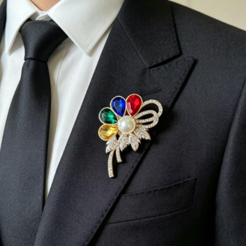 Women's Flower Brooch with Colorful Rhinestones and Elegant Plant Design for Parties