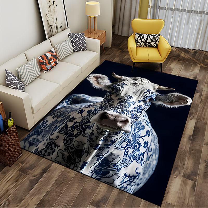 Blue Floral Pattern Cow Carpet Suitable As a Non-slip Mat for the Living Room or Bedroom Sofa