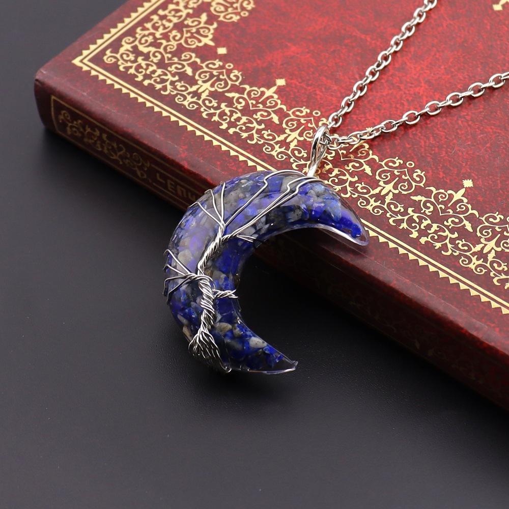 Chakela Natural Crystal Gravel Resin Winding Tree Of Life Moon Pendant Crescent Necklace N755