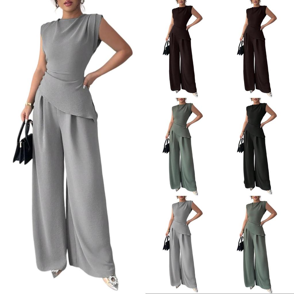 Women's 2-Piece Fashionable Casual Sleeveless Asymmetric Top And Wide-Leg Pants Set