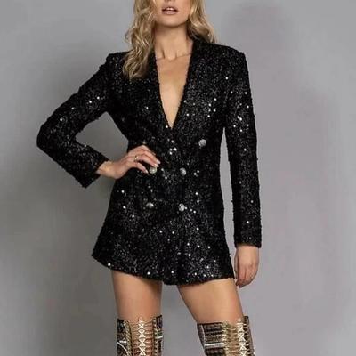 European & American Fashion Double-Breasted Black Sequin V-Neck Slim Long Suit Jacket
