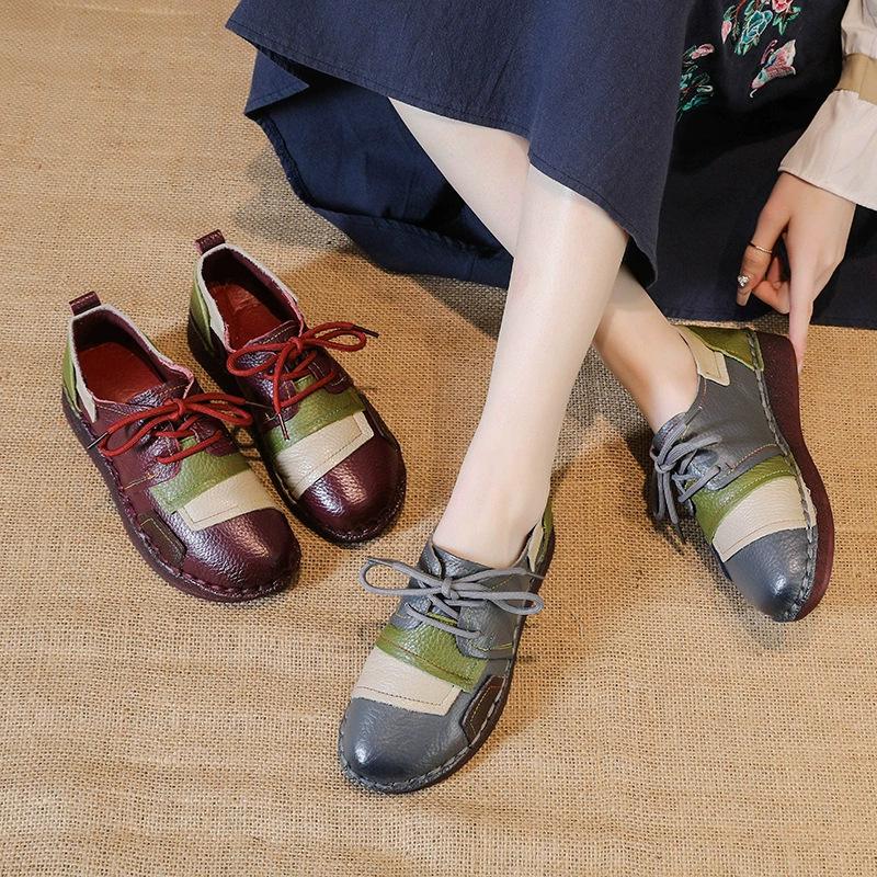 Zapatos casuales de mujer de piel de vacuno de primera capa con suela plana, estilo étnico, bloques de color, zapatos individuales de cuero genuino, zapatos de algodón para madre de mediana edad