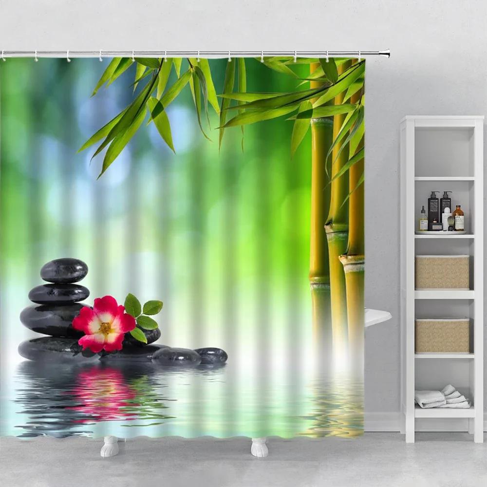 Zen Garden Shower Curtain Spa Green Bamboo Black Stone White Flower Bathroom Decor Supplies Bath Curtains Sets Polyester Fabri