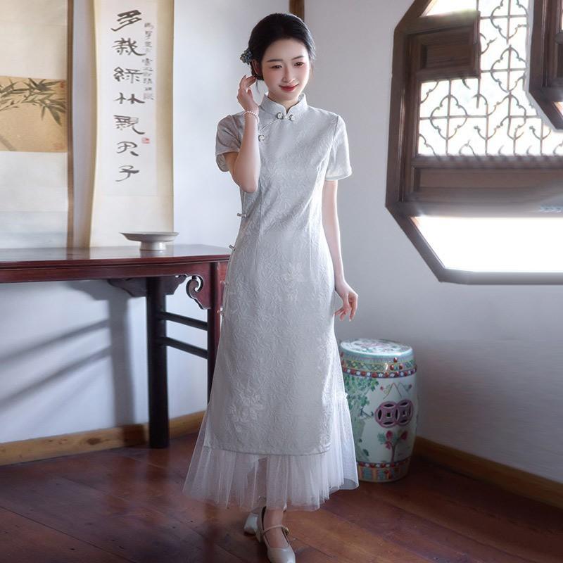 Womens Modern Cheongsam Dress Vintage Style Short Sleeve Midi Length Floral Jacquard Fit-and-Flare Wear Small