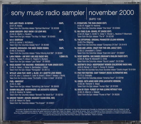 CD РАЗЛИЧНЫЕ  Sony Music Радио Сэмплер Ноябрь  SMPD108 Sony Music 2000 Канада Поп Б/у