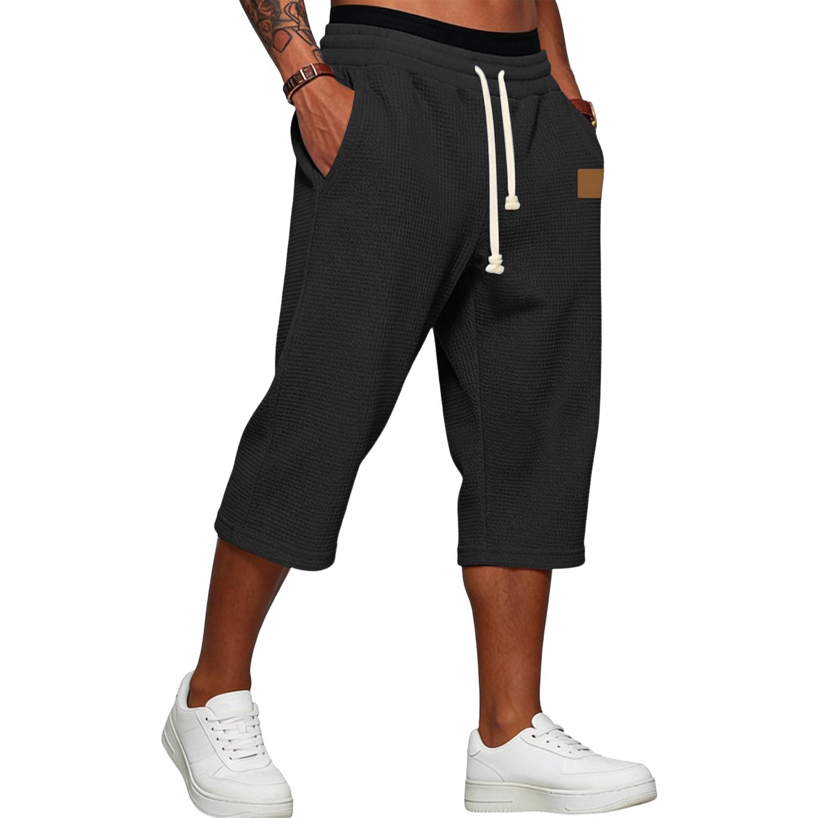 

Men s -Knit 3/4 Length Casual Pants | Elastic Drawstring Waist Loose Fit Pants With Leather Tag For Daily Wear L чёрный