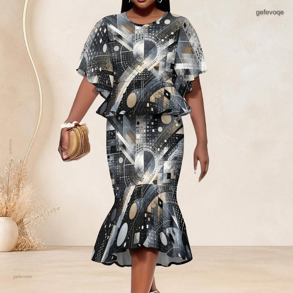 Women Plus Size Printed Two Piece Skirt Set Round Neck Batwing Sleeve Ruffle Hem Top Fishtail Skirt Black Grey Gold