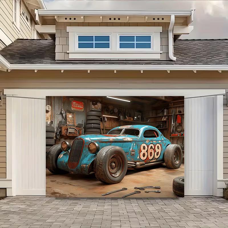 Tapisserie Voiture de Course Rouillée Vintage Hot Rod Garage Man Cave Art Mural