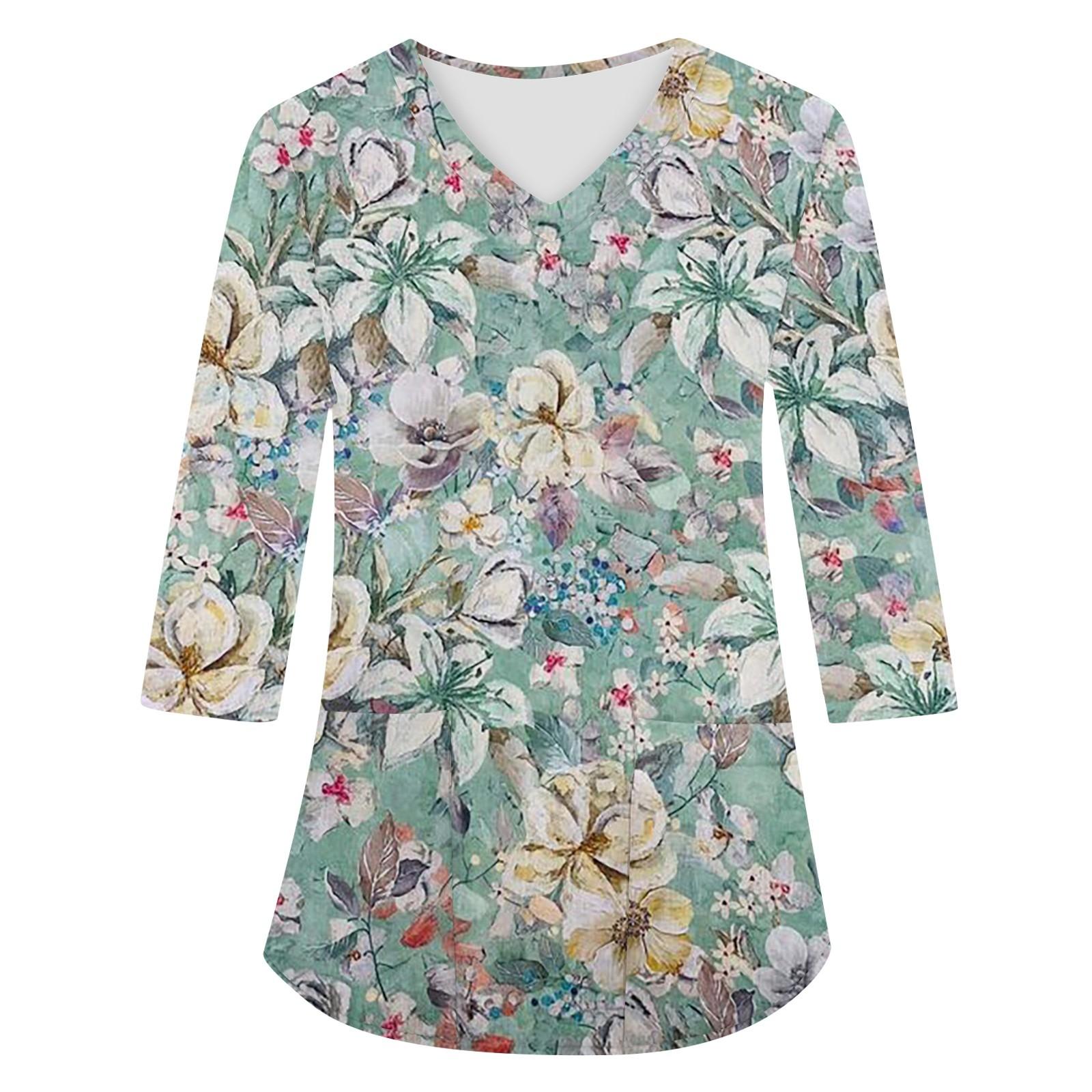 

Модная женская рабочая одежда с v-образным вырезом и рукавами 3/4, свободные топы с карманами и принтом XXXL