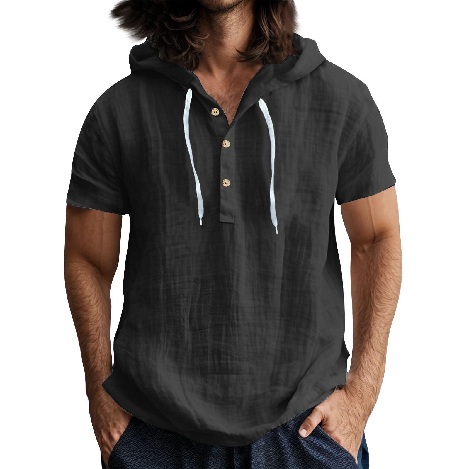 Мужская повседневная футболка с короткими рукавами капюшоном и открытым воротом на пуговицах L чёрный 2113₽