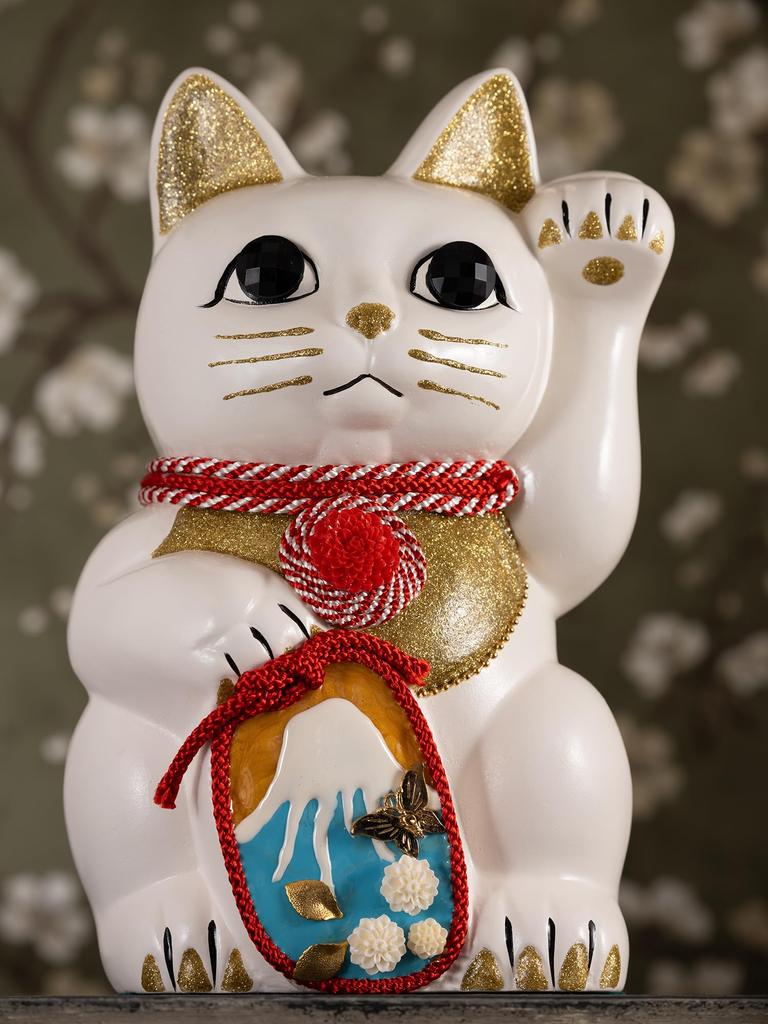 Lucky Cat Mount Fuji Left Paw Raised Ceramic Lucky Cat Maneki Neko Fujiyama Lucky Feng Shui Figurine with Offering Box (L-SIZE White) / - (fj_L White)