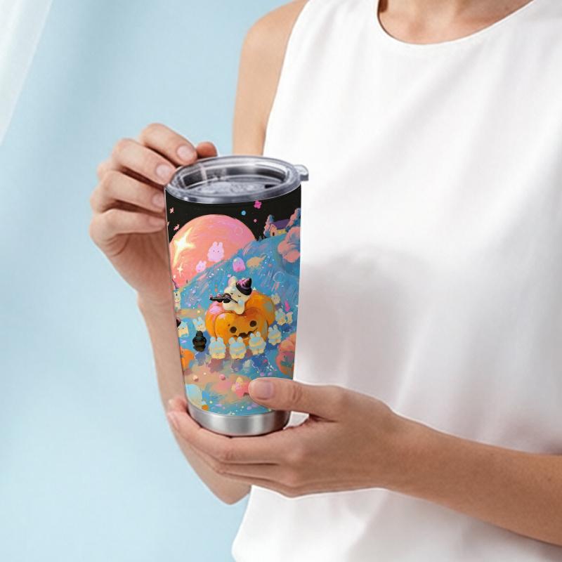 591ml Car Tumbler Pink Moon Pumpkin Elf Element Straw Cup Portable Tumbler Stainless Steel Tumbler Insulated Travel Cup Straight Tumbler 591ml Car Tumbler