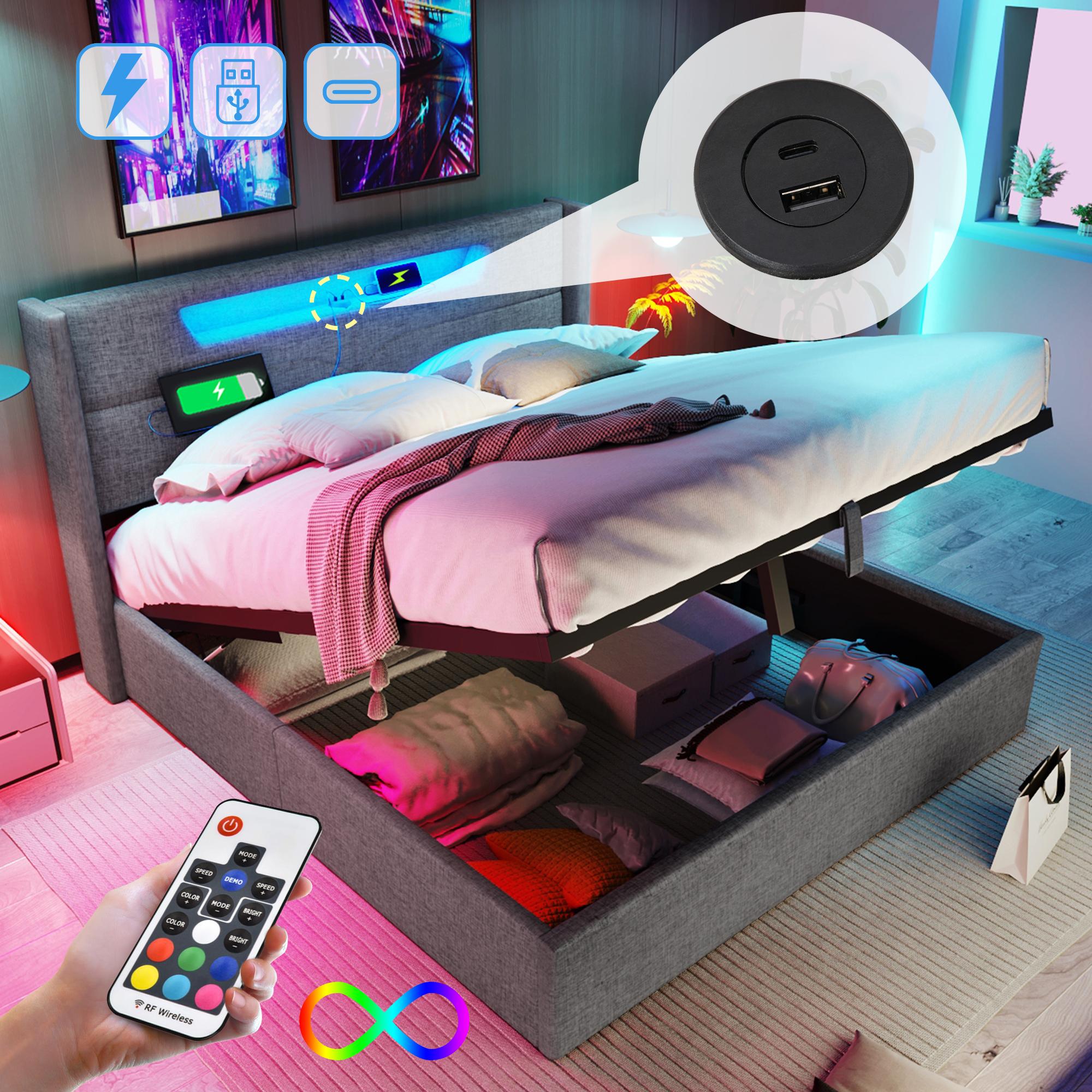 Upholstered LED Double Bed with USB