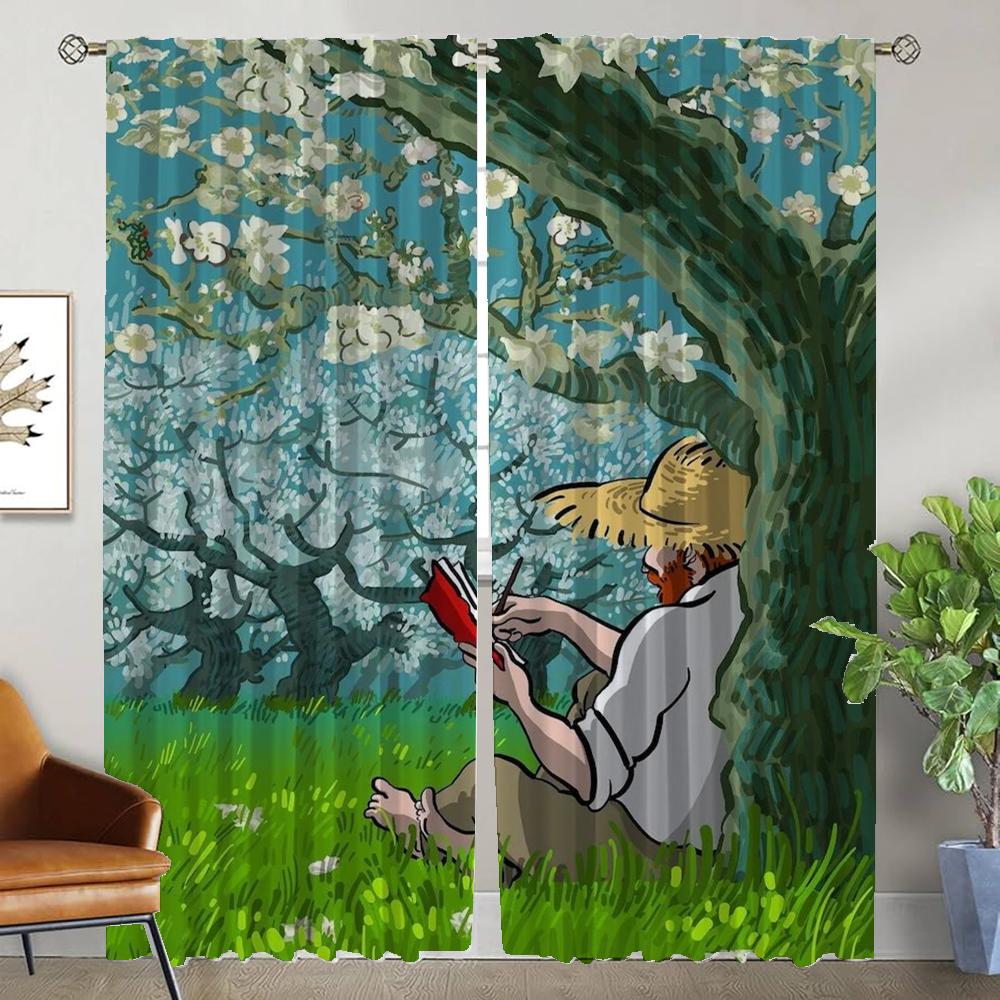 Home Interior Curtains for Camera Van Gogh Tulle for Bedroom Curtains Child Room Partition Window Curtain Halloween Decoration