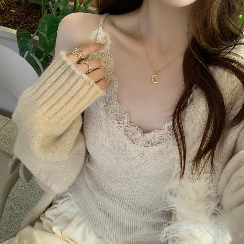 Lace V-Neck Women's Knitted Camisole: 2025 Autumn/Winter Trendy Layered Vest Design.