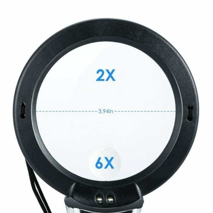 Loupe LED avec l'élargissement de l'objet 6x, loupe de lecture, avec lampe 2LED lampe loupe géante lecture mains libres