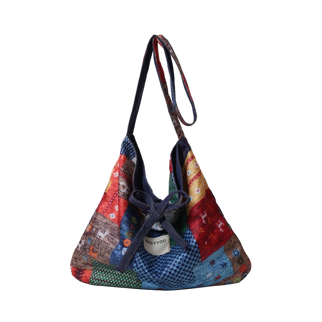 Spring and summer retro double-sided shoulder bag, Simian style shoulder bag, large capacity bow tote.