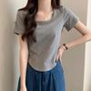 Front Shoulder Square Collar Short-sleeved T-shirt for Women's Solid Color Summer Top Fashionable Age-reducing Fish Bone Short Shirt