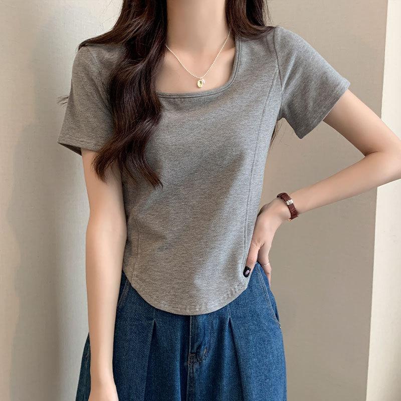 Front Shoulder Square Collar Short-sleeved T-shirt for Women's Solid Color Summer Top Fashionable Age-reducing Fish Bone Short Shirt