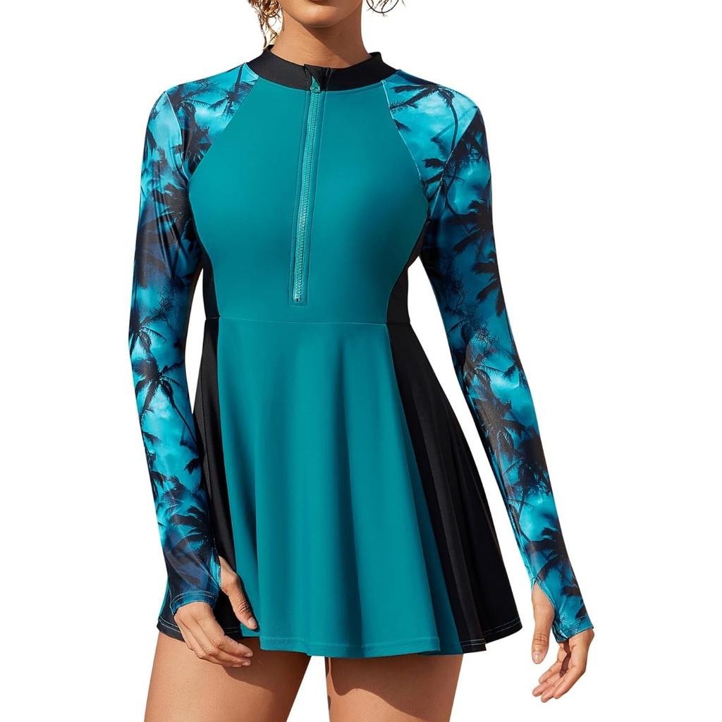 Charmleaks Modest 2-delad baddräkter för kvinnor Badklänning med byxor Dragkedja UPF 50+ Rashguard-klänning med tumhål