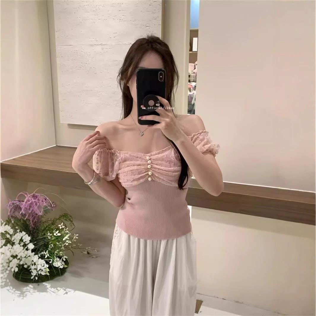 

Women s Summer Pink Lace Puff Sleeve One-Shoulder Top: Sweet & Spicy Chic Knit for Pure Desire One Size (up to 125 lbs)