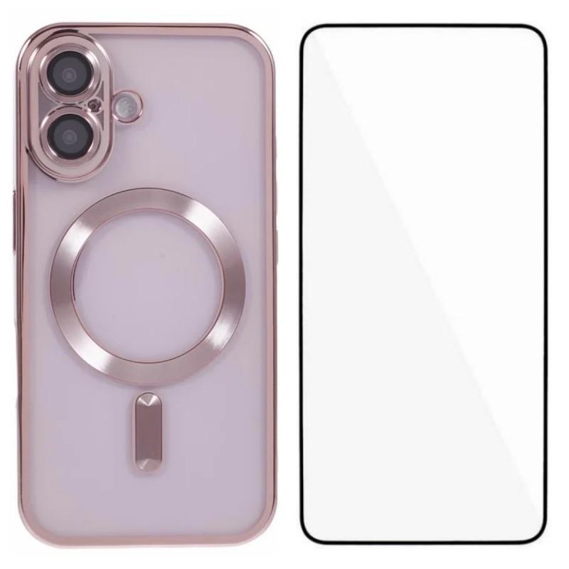 

For iPhone 16 Magnetic Case WANLONFENG Full Protection Electroplated TPU Cover with Tempered Glass Pink