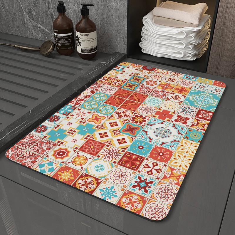 Tapis de Bain Bohème Tribal Mandala Géométrique Antidérapant Absorbant l'Eau Fin Tapis de Sol Salle de Bain Chambre Entrée Décoration Intérieure Bohème