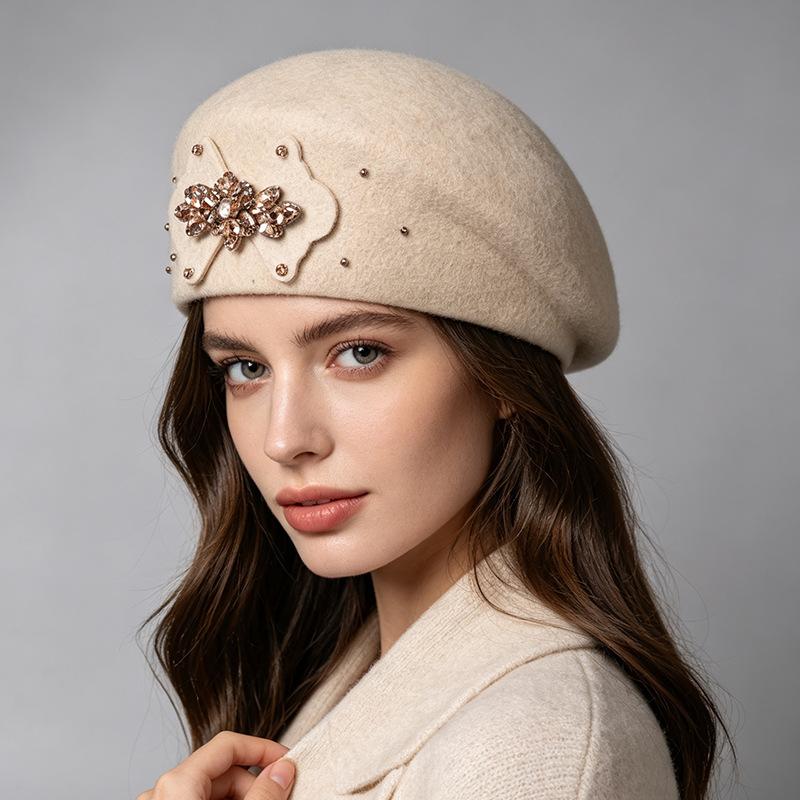 French heavy industry rhinestone flower wool beret female autumn and winter retro elegant painter hat light luxury banquet temperament felt