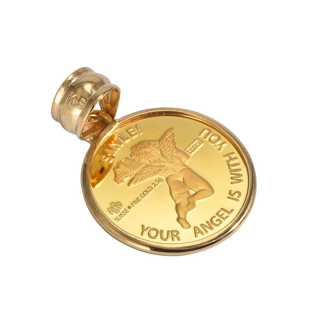 24K Pure Gold Coin Pendant Top Pump Angel with Simple Frame and 18K Engraving [SPERANZA] 2.5g