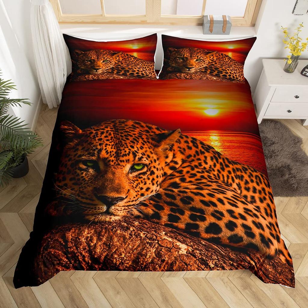 Leopard Duvet Cover Set King Red Rose African Safari Animals Quilt Cover Microfiber Rose Floral Cheetah Jungle Print Bedding Set
