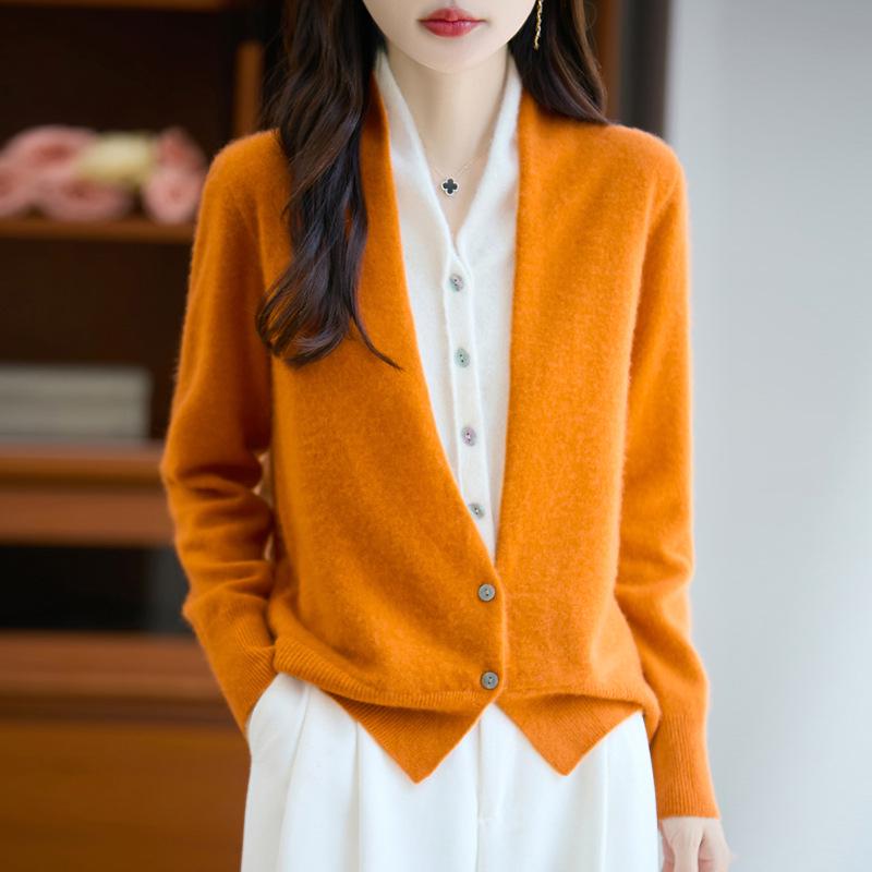 Women's French V-Neck Wool Cardigan - Faux Two-Piece, Long Sleeve, Color Block, Autumn/Winter Collection