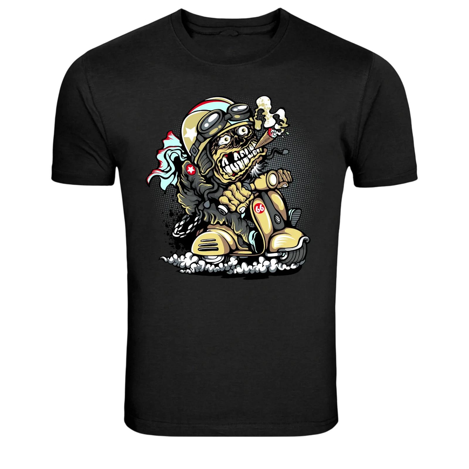 Skeleton Biker Riding Scooter Graphic T-Shirt Funny Rider Tee L