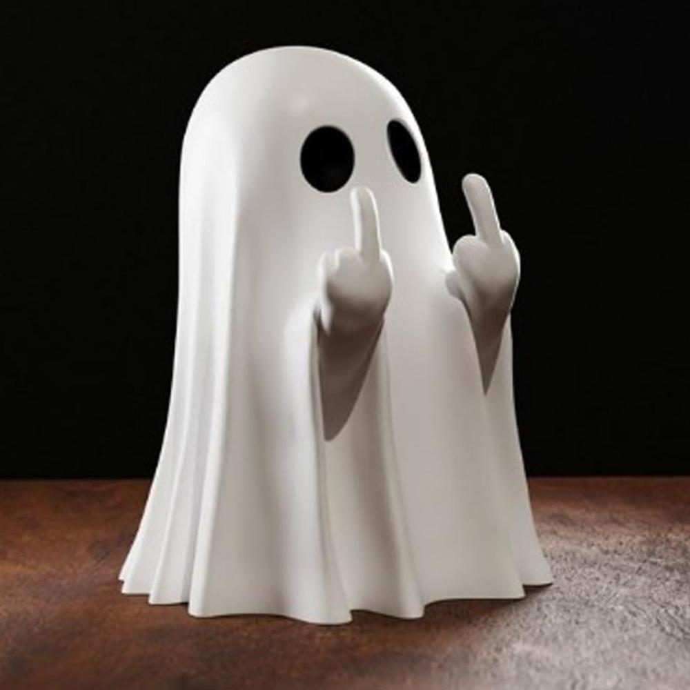 8.5cm White Cute Ghost Halloween Romantic Shelf Desk Decor Black Bat Resin Mini Statue Kawaii Heart Ghost Middle Finger  Decor