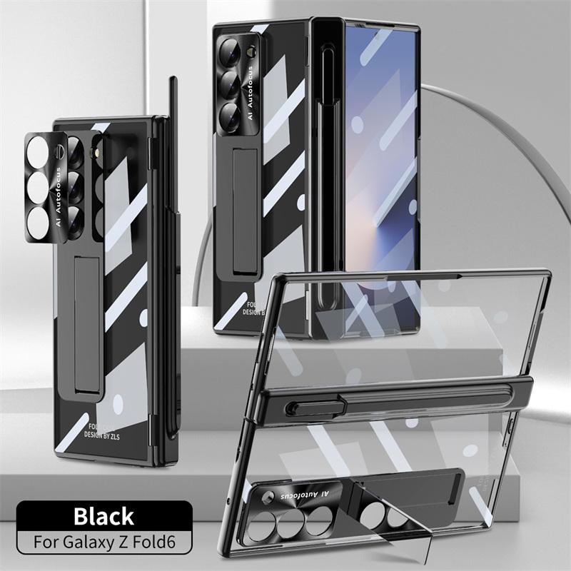 For Samsung Galaxy Z Fold 6 5 4 3 Transparent Plating PC Hinge protection Full Body Stand Pen Slot Case with Tempered Glass