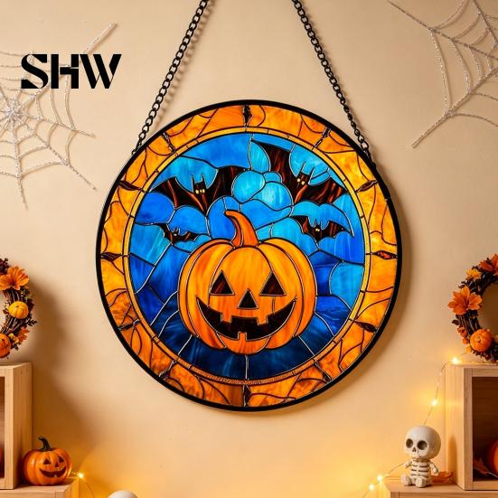 Unique Wall Hanging Art Retro Halloween Pendant, Ghost/Bat/Spider Web/Pumpkin Head Print, Old School Horror Room Decor Vintage Acrylic Ornament