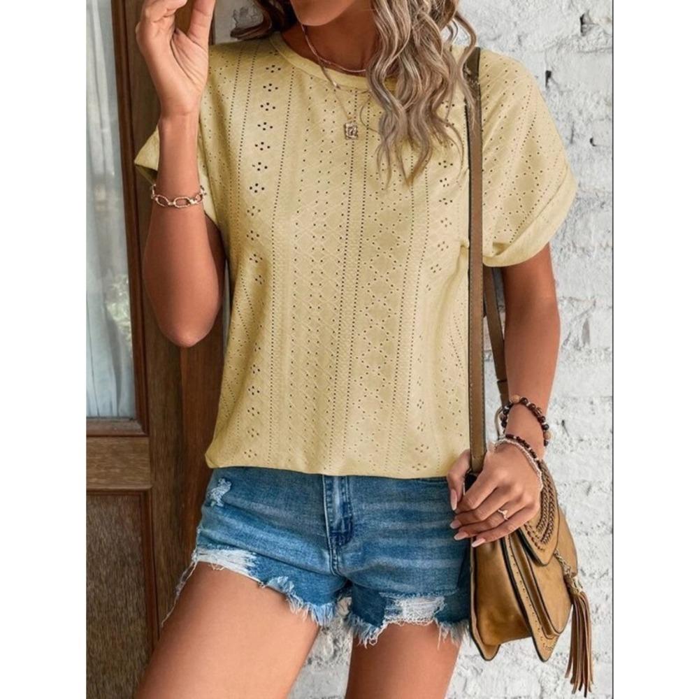 Top Eyelets Summer Spring Curved Hem, Casual Women's Short Sleeved Fashionable T-shirt Beach Vacation Short Style