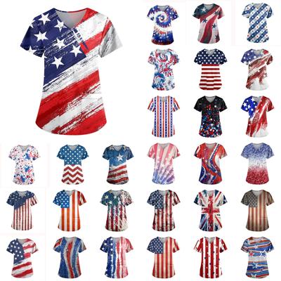 Women's V-neck Fashion Casual Independence Day Printed Tops And Protective Workwear