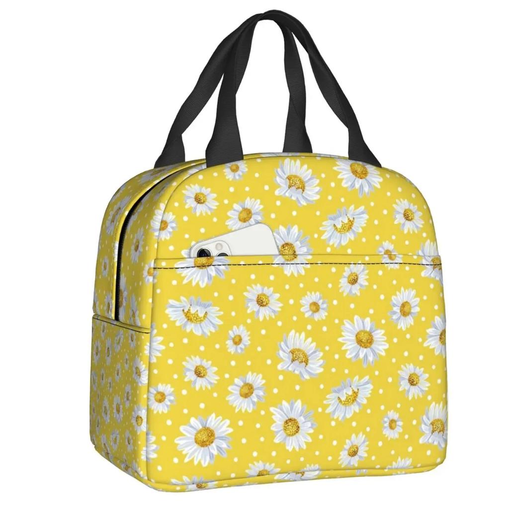Floral Daisy Print Insulated Lunch Bag for Women Chamomile Flowers Cooler Thermal Lunch Tote Box Portable Picnic Food Bento Bags