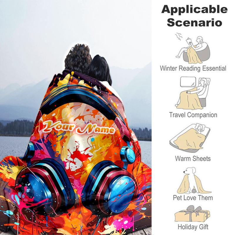 1PC Custom Name Music Headphones Artwork Flannel blankets Patterns Throw Blanket All-Season Soft Gift for Couch, Bed, Camping gifts