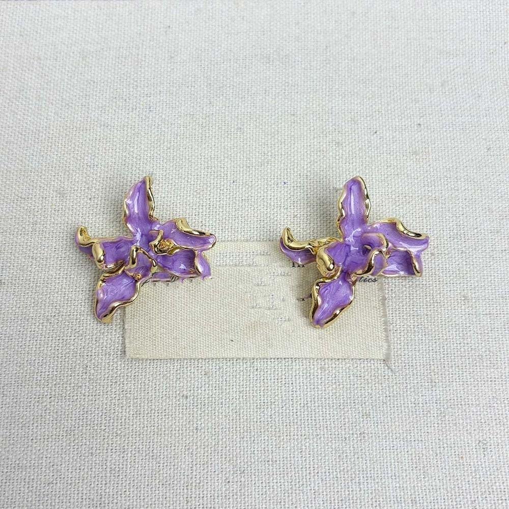 1 pair Luxury Golden and Silver Earrings Zinc Zinc Alloy Metal Flower Ear Studs Enamel Iris Earrings  Girls