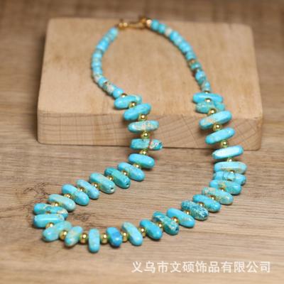 Turquoise Barrel Bead Necklace – Gold Accent Boho Jewelry, Protection Calm Gift for Women