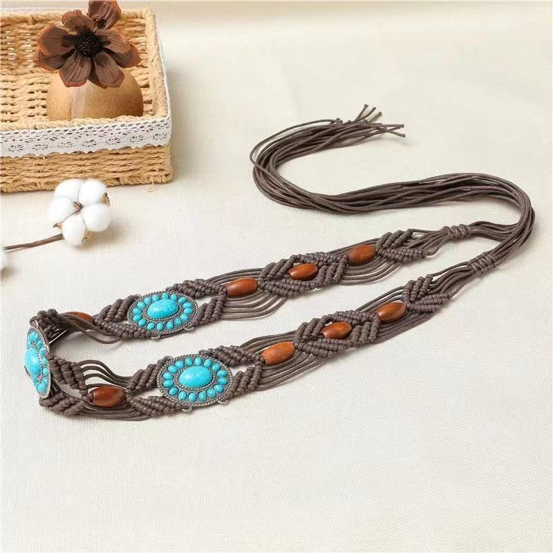 Bohemian Alloy Turquoise Resin Bead Woven Waist Rope for Women