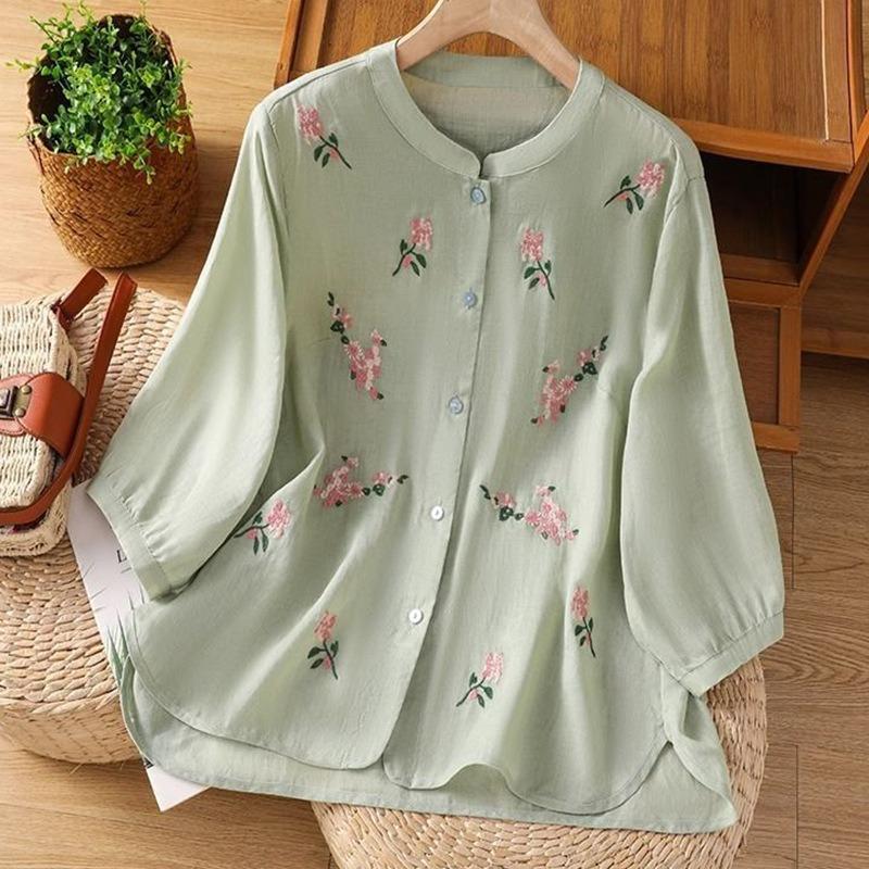 Retro Embroidered Half-sleeved Short-sleeved Cotton and Linen Shirt Spring and Summer New Style Simple and Versatile