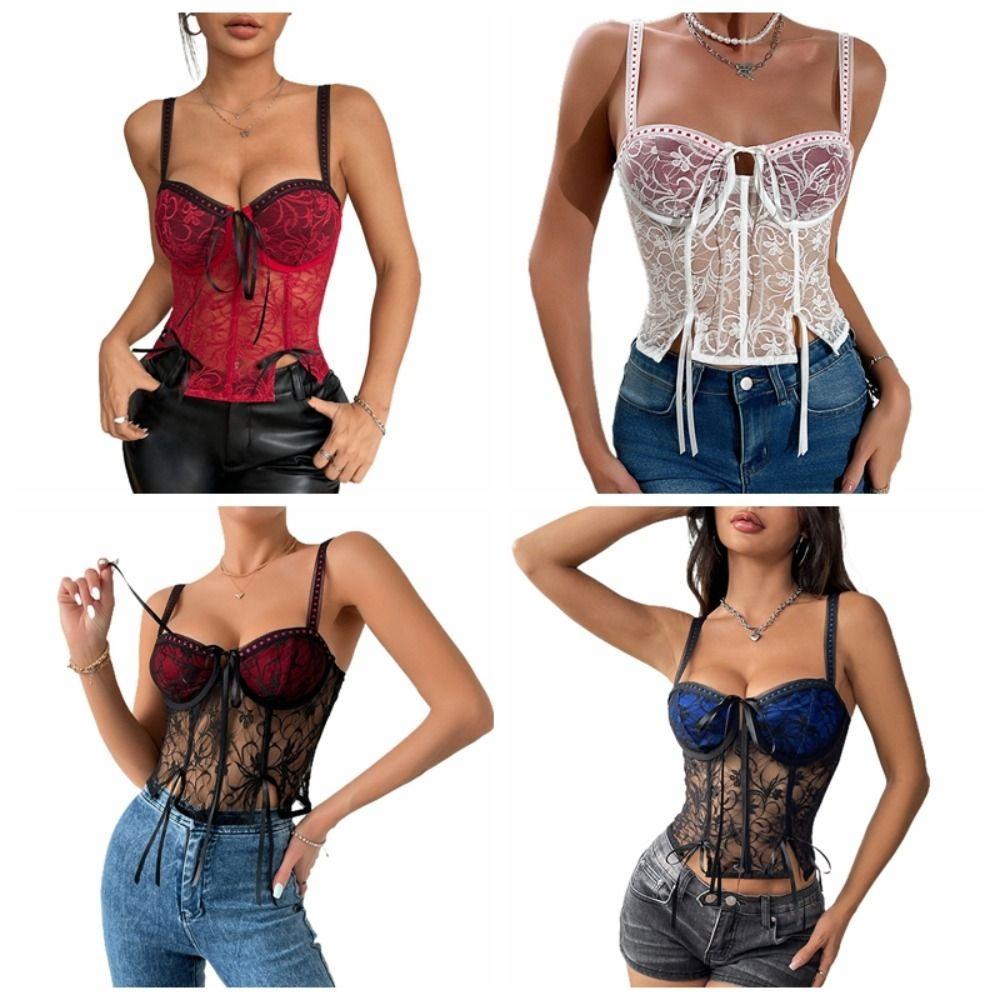 

Tank Lace Bow Crop Tops Transparent Sleeveless Camisole Fashion Lace Corset Top Spring Summer S синій