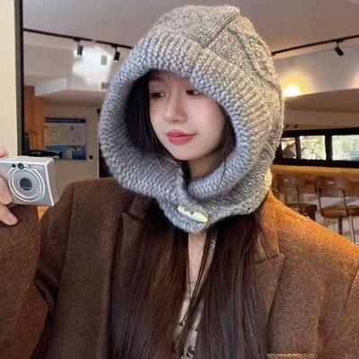 Balaclava Large Head Circumference Knitted Hat Women's Winter Warm Ear Protection Woolen Hat Neck Cover Sweatshirt Hat